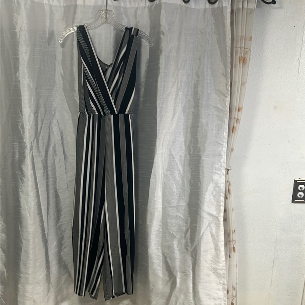 No Boundaries Black and White Striped Jumpsuit with V-Neck